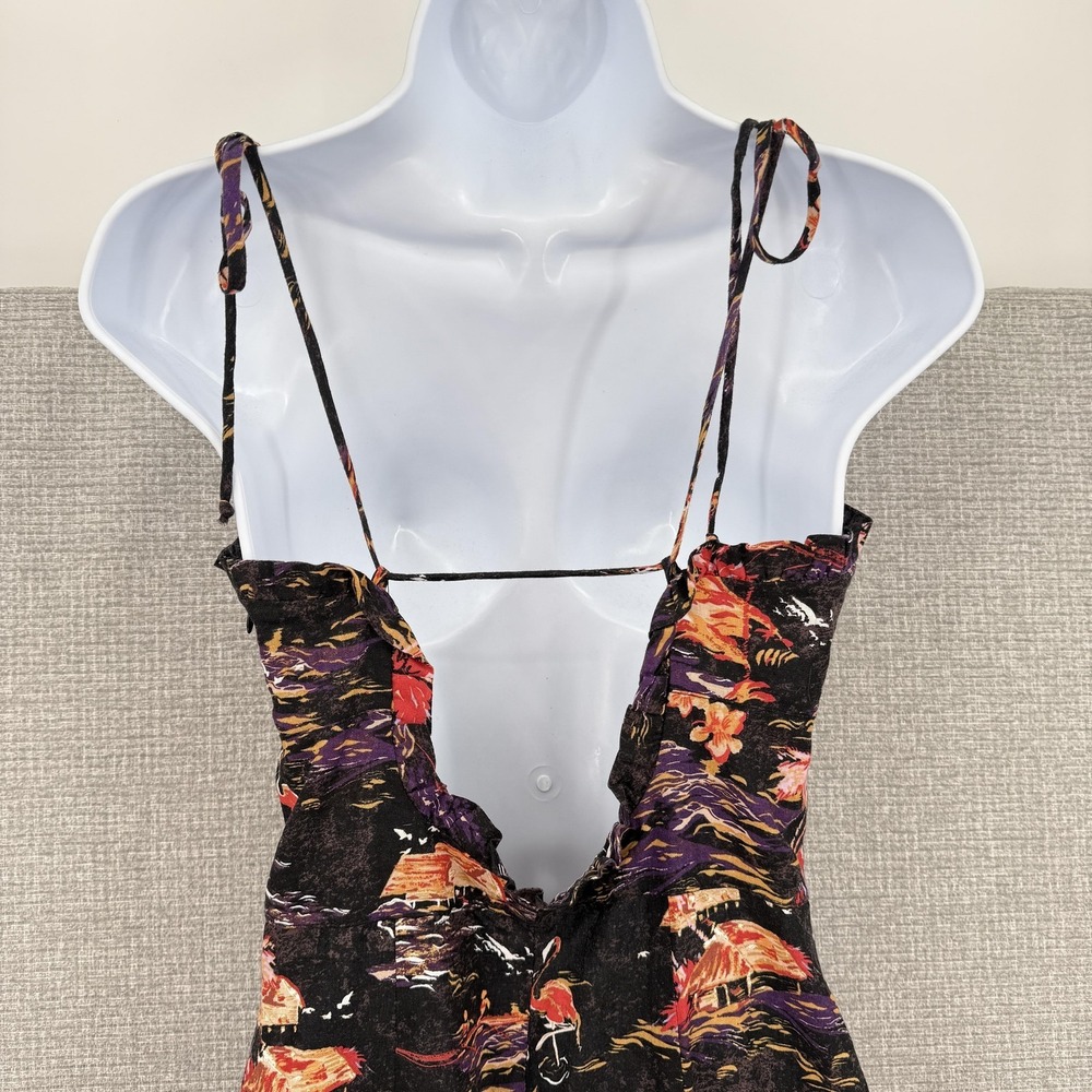 Free People Dress Womens 4 Black Flamingo Tropical Linen Maxi Strappy Open‎ Back - Picture 4 of 15